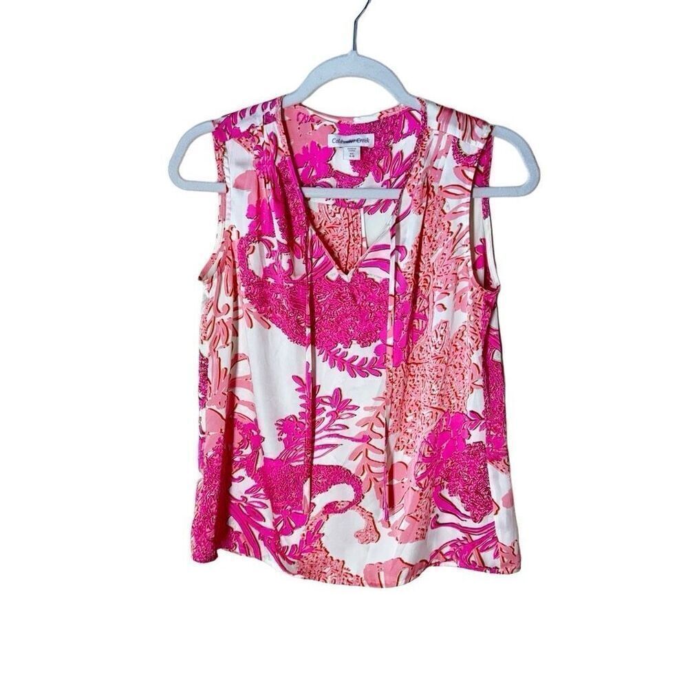 Coldwater Creek Fuchsia Floral Sleeveless Top Pleats Ties Silky Light 4-6